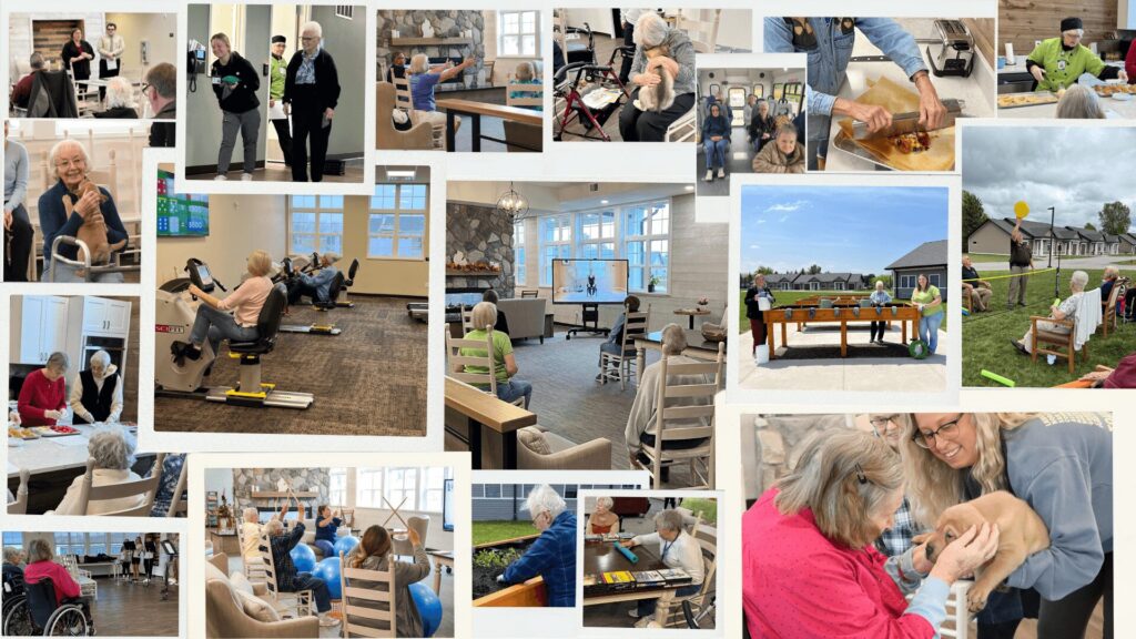 A collage showcasing different activities at The Heartlands, including senior fitness, crafts, cooking sessions, and community outings.